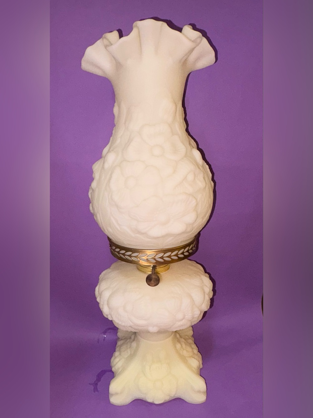 Rare HTF Antique Fenton Poppy Oil Lamp Satin Custard GLOWS
